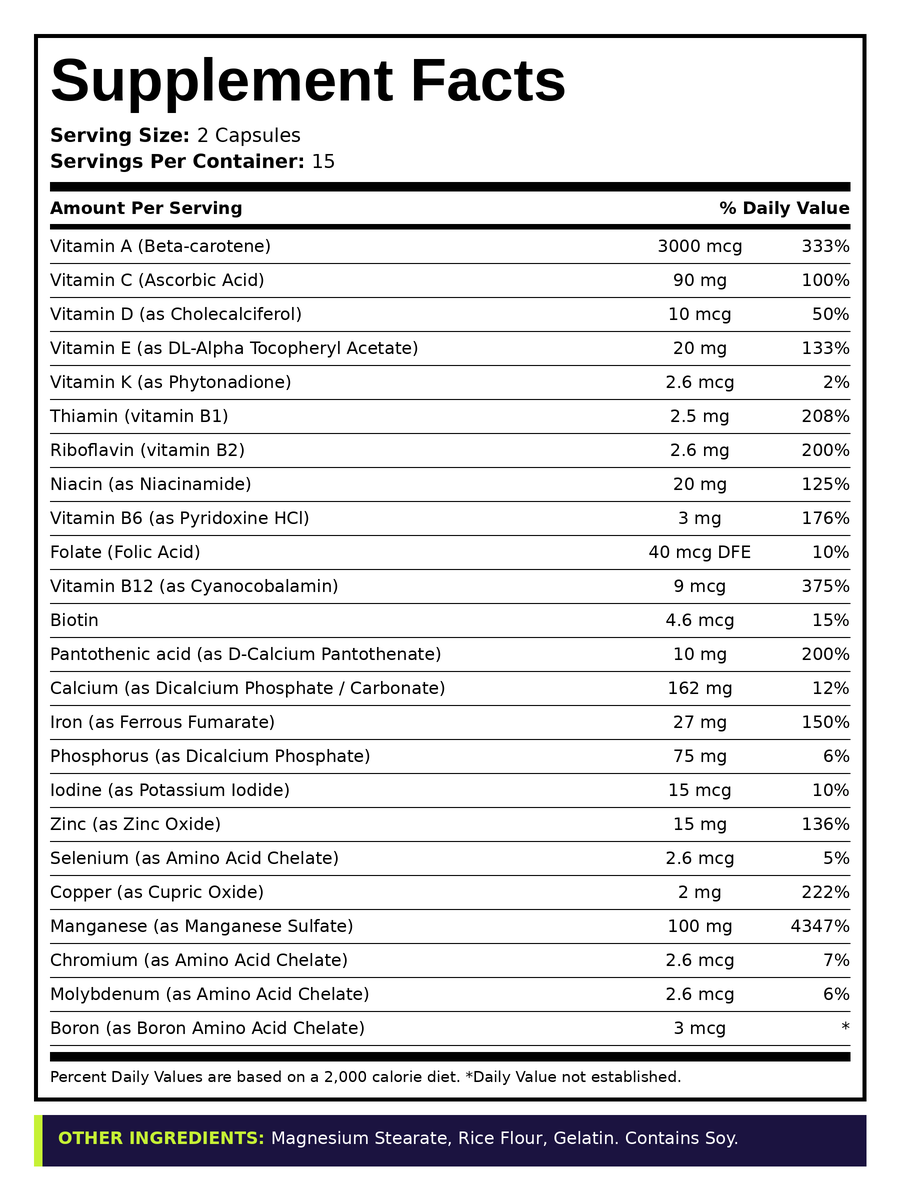 Supplement Facts panel for Daily MultiVitamin