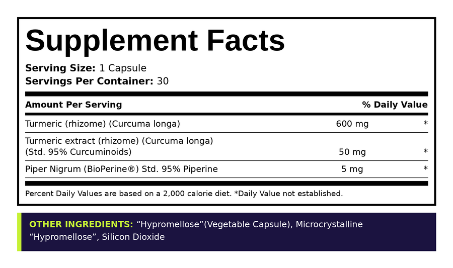 Supplement Facts panel for Turmeric Curcumin